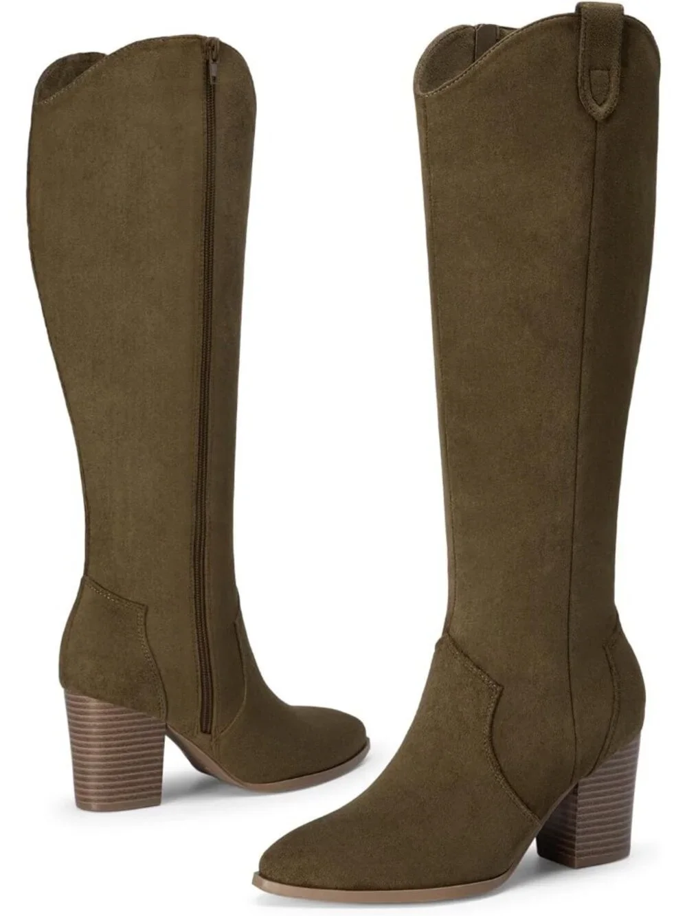 Women Olive Green Suede Chunky Heel Suede Pointed Toe Side Zipper Knee High Boot